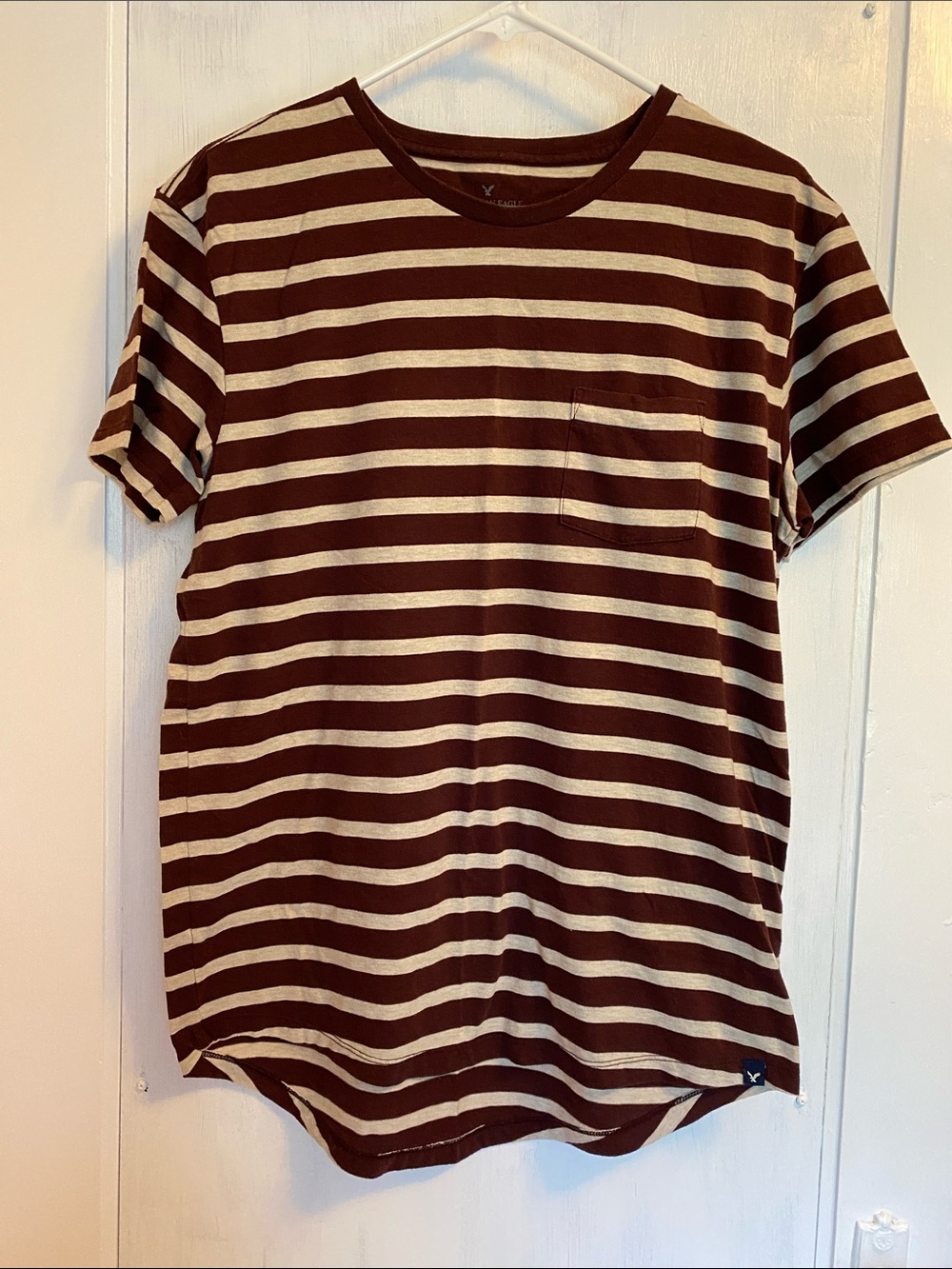 American Eagle Outfitters Brown and Cream Striped Pocket Tee
